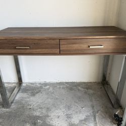 Modern Wood & Chrome Console Table Or Desk w/ 2 Drawers