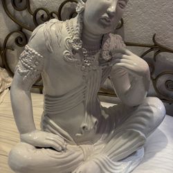 27” Tall X 21” Wide White Italian Glazed Ceramic or Pottery Art Zen Temple Goddess Deity Princess Statue. Female Buddha Made in Italy Decades Ago.