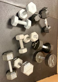 Dumbbells Set: 25s, 20s, 15s, 12s and 10s.  That is 164 pounds