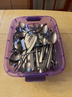 Bin of Assorted Vintage Stainless Silverware