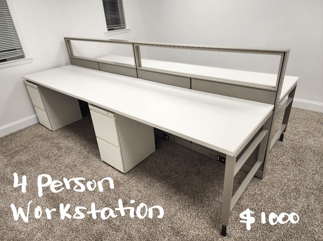 4 PERSON WORKSTATION W/ DIVIDERS & FILE CABINETS ((DELIVERY AVAILABLE))