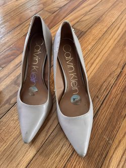 Beige Calvin Klein 8.5 Leather Pointed Toe Heels 