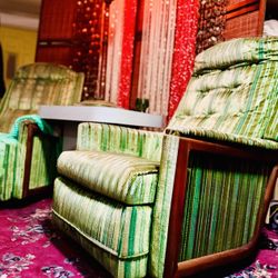 VTG Adrian Pearsall Green Striped Velvet & Teak Wood Boomerang Feet & Lever Large Recliner/Armchairs