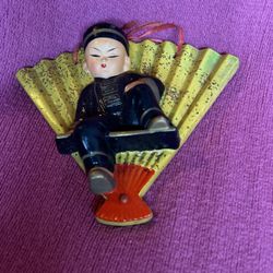 Vintage  Asian Boy sitting with Fan Wall Hanging Decor