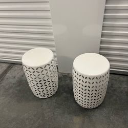 White Barrel Plant Stand Stool Metal Side Table Outdoor