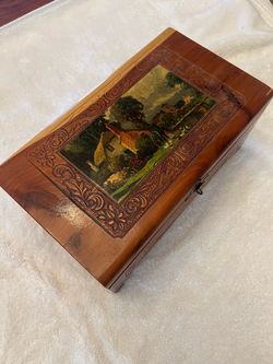 Vintage Carved Wood Box with Cottage Scene