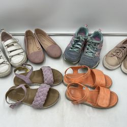 lot of 6 size 13 little girls summer shoes — 2 pairs of sandals, 1 pair of lace sneakers, 1 pair of flats, 1 pair of velcro sneakers