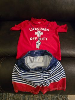 3t Carter's Boys Red Lifeguard Off Duty Rash Guard & Swim Trunks