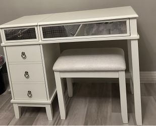 White Vanity Desk with Stool and Mirror Drawers