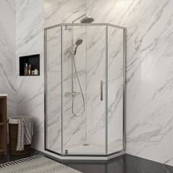 34"W x 72" H Framed Neo-Angle Hinged Shower Door - 34'' x 0.31'' x 72'' - Brushed Silver