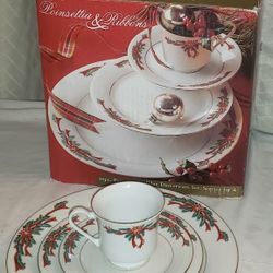 Vintage Fairfield Fine China Poinsettia & Ribbons Holiday/Christmas 16 Pieces, Service for 4
