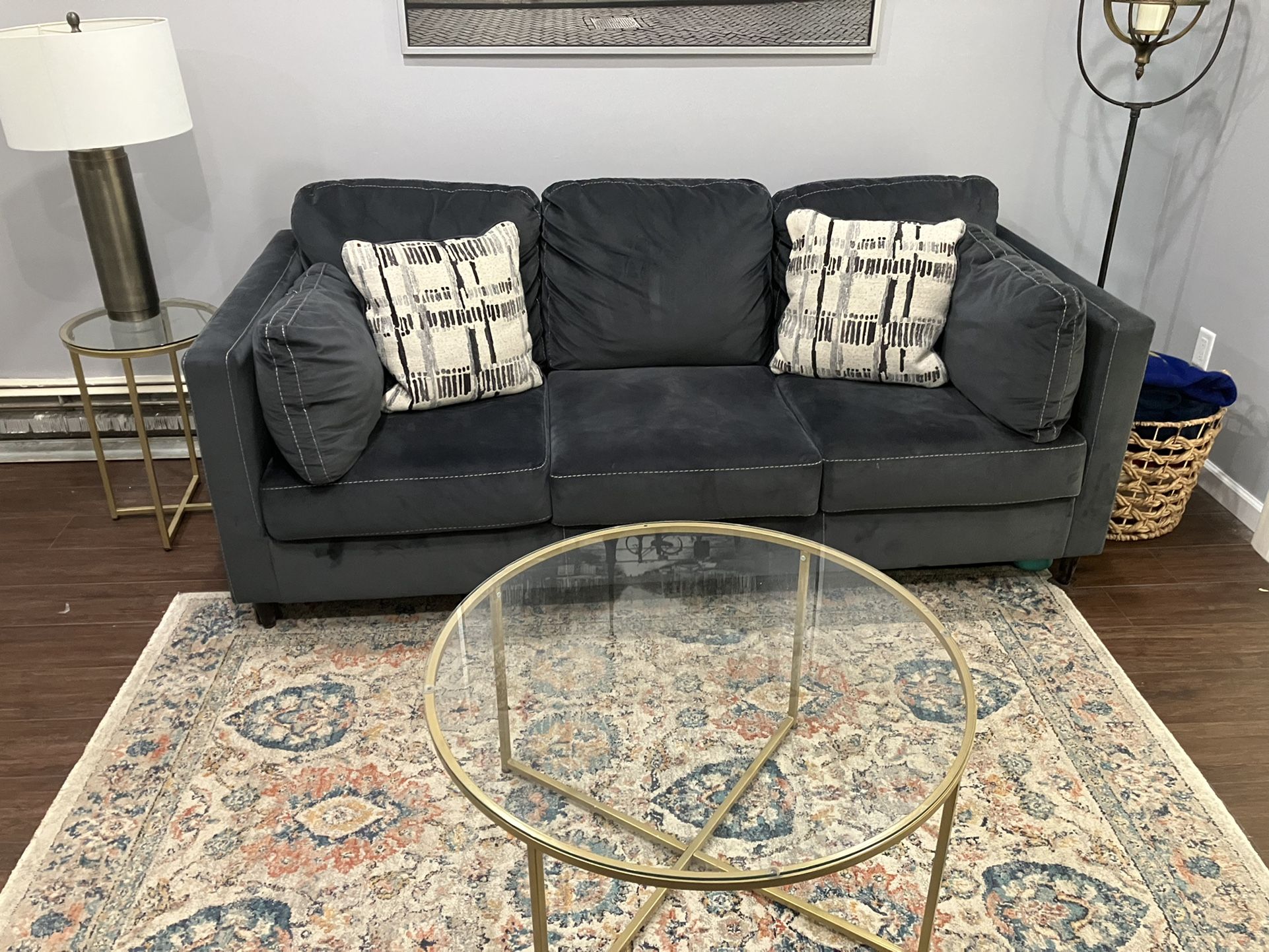 Couch, Glass Coffee Table, Glass End Table, Glass Shelves