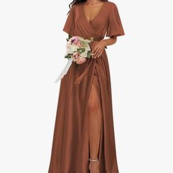 Pleated V Neck Satin Bridesmaid Dress 
