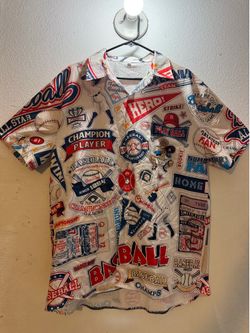 Baseball Allover Print Button Up Shirt XL | Game Day Novelty Fan Tee