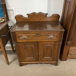 Small Antique Cabinet, Walnut Wood, Hand Carved Handles and Backboard