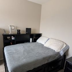 Full Size Black Wood Captain Bed With Bookcase and Drawers