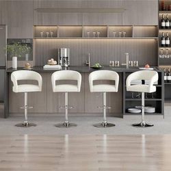 25.59 in. H White Metal Bar Stools with Faux Leather Seat Set of 4 Adjustable Kitchen Island Stools with Footrest