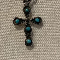Vintage Handmade 925 Silver Heavy Link Chain & Double Sided Cross Turquoise & Coral