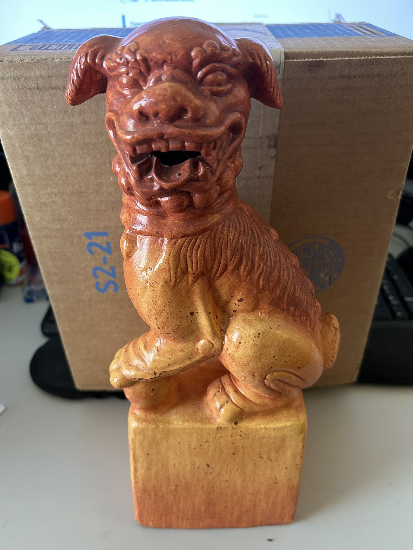 Excellent Heavy Statue Of A Foo Dog He Is A Orange .Gold Color I Would Say