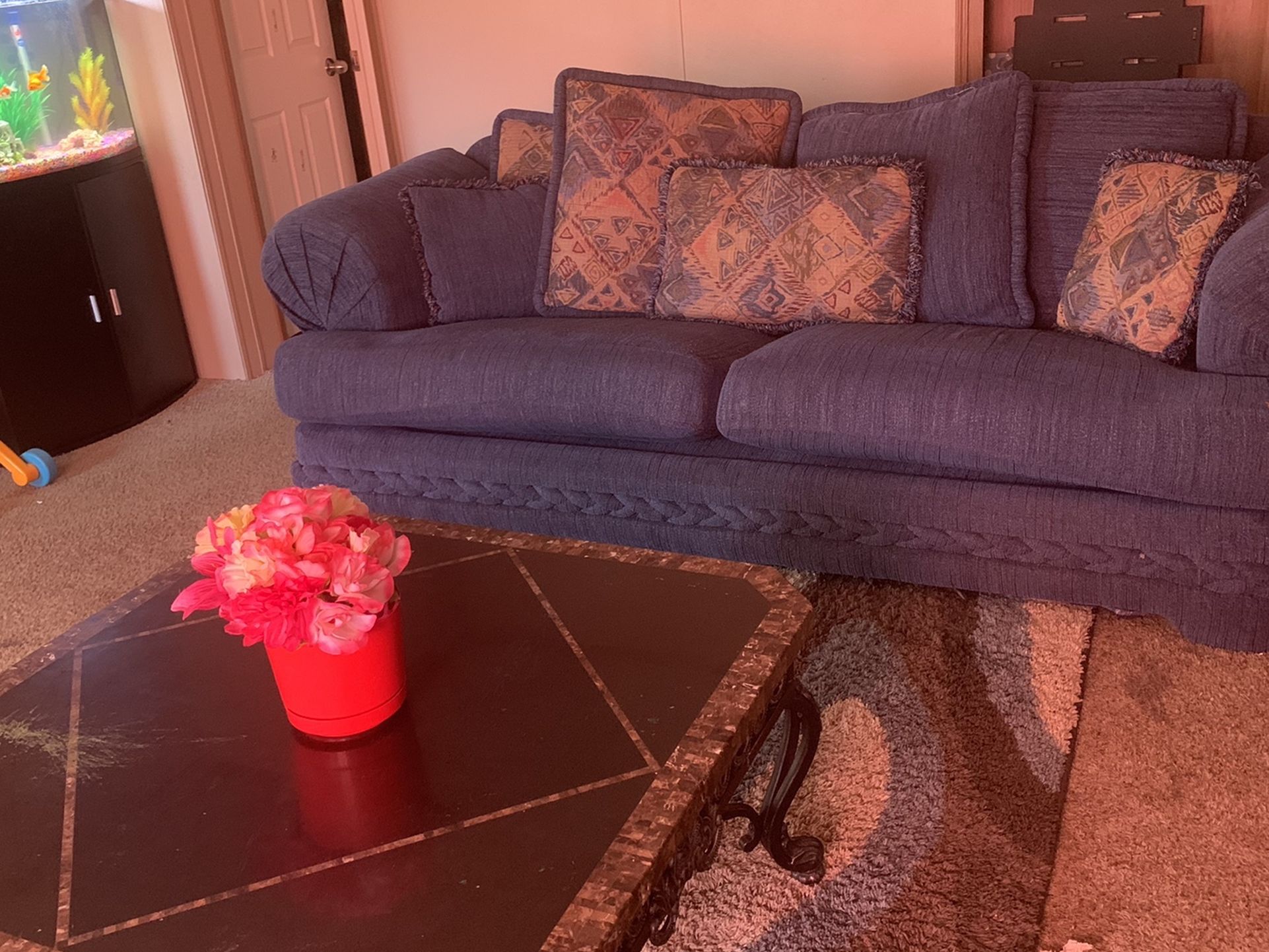 Pretty Blue Love Seat Sofa Set And Table