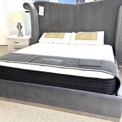 NEW IN BOX- 66"H Grey King &Queen Size Tufted Platform Bed Frame FINANCE $54 Down👑