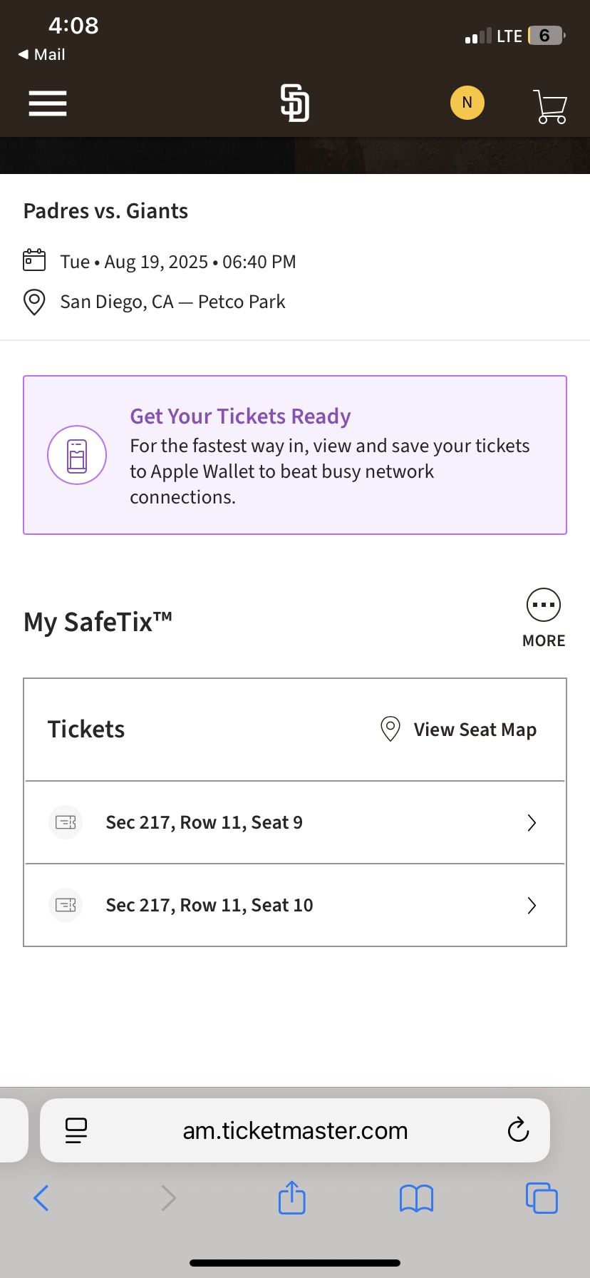 2 Tickets For Tonight’s Padres Giants Game