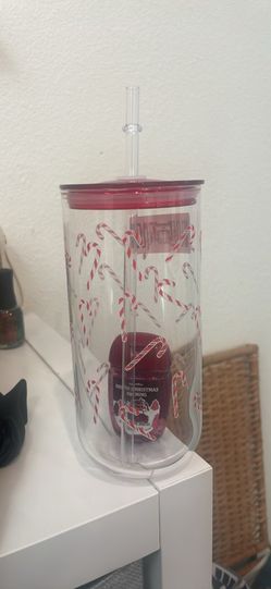 Candy cane glass tumblr with complimentary hand sanitizer