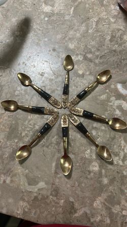 Set of 8 Vintage Siam Thailand Brass Collector / Espresso Teaspoons