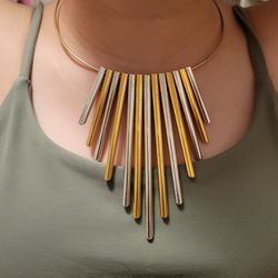 Vintage Statement  Silvertone And Goldtone Asymmetric Cylinder Choker Necklace 

