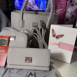 Brand New 3 Pieces, Wallet, Small Crossbody And Large Tote,Slate Grey Pebbled Exterior Comes With Dust Bags For All Pieces Which Is Great For storing 