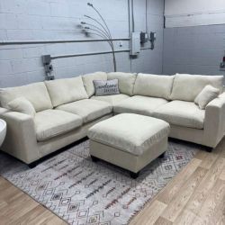 New Cream Corduroy Sectional Sofa w/ Ottoman (Delivery Available)