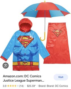 DC Comics Justice League Superman Toddler Boys Button Down Waterproof Rain Jacket Cape and Umbrella