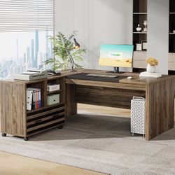 HL0202AB 66.2" L-Shaped Executive Desk, Computer Desk with Mobile File Cabinet