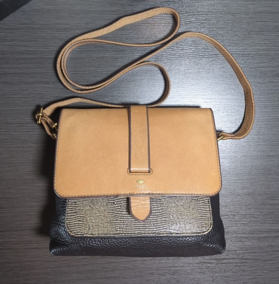 Fossil Kinley Leather Crossbody Black & Brown Snake Print