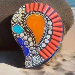 Exquisite Handcrafted Ethnic Tibetan & Navajo Style Nature Leaf Theme Pendant With Amber,Coral Set In Silver 3”in & 44grams
