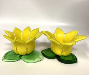 Vintage Hand Blown Art Glass Yellow Tulip Flower Candle Holder 