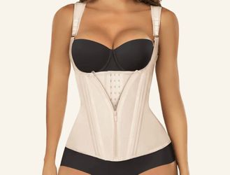 SHAPERX Flexible Steel Bones Sport Waist Trainer with Shoulder Straps.Medium Beige