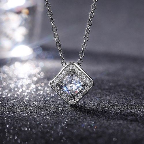 "Round CZ Square Generous Shiny Zirconia Silver Necklace for Women, VP1105
