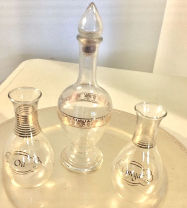 Glass Pyrex Gold Mod Oil/Vinegar Cruets & Bottle