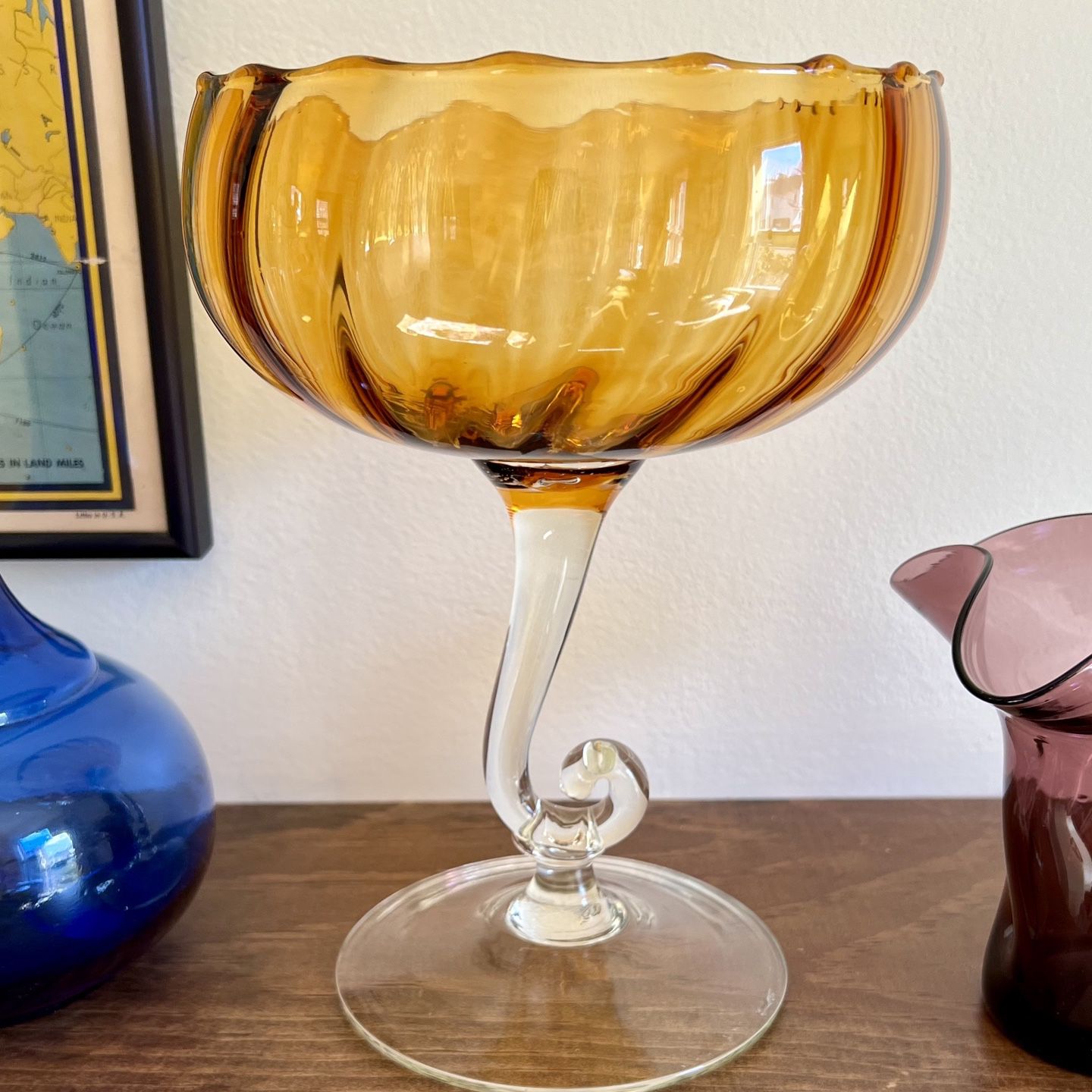 Vintage Empoli Style Pedestal Amber Glass Compote Dish