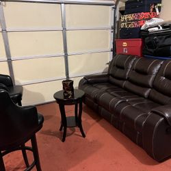 Leather Sofa , 2  Barstools With Cushions 