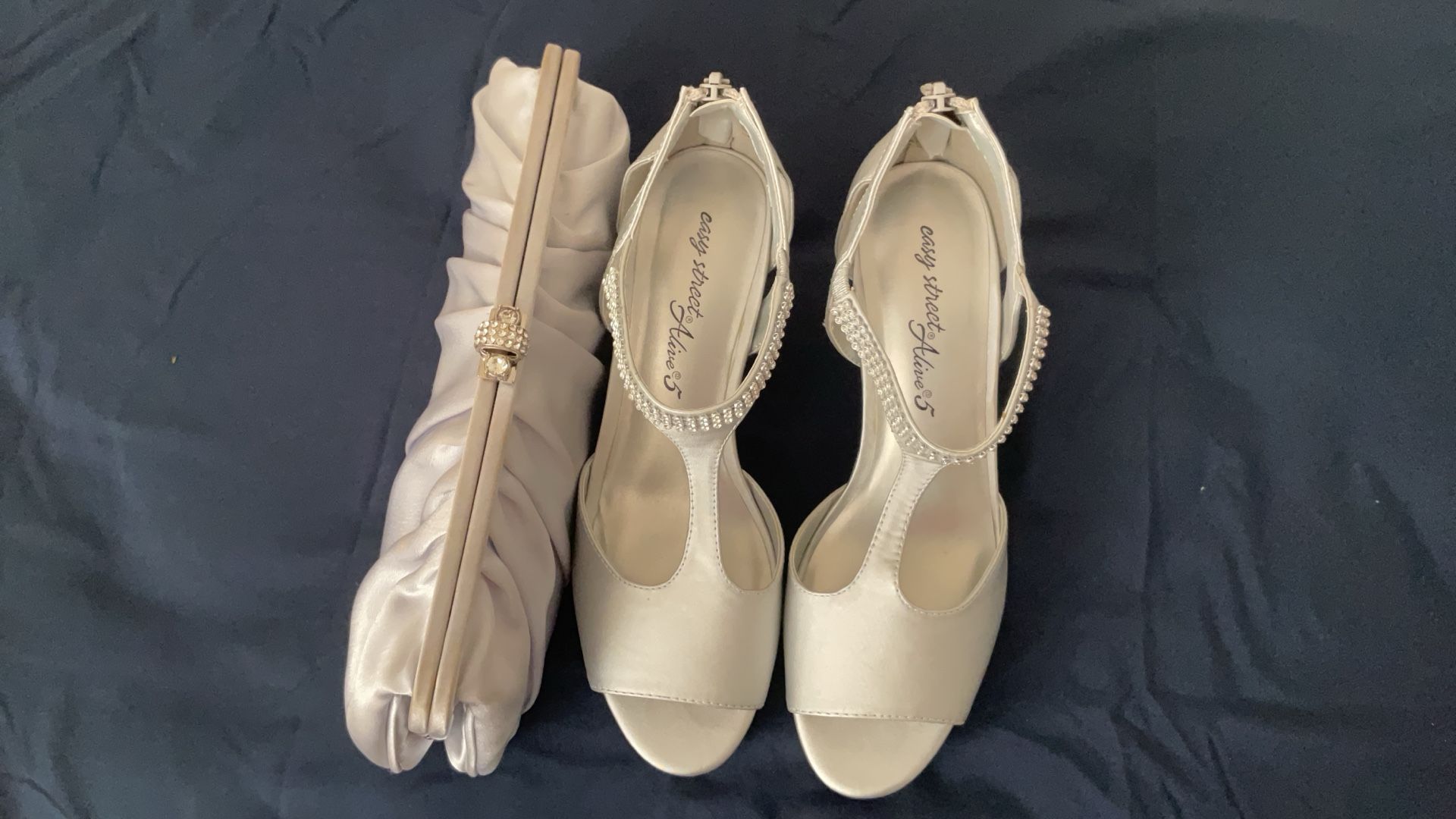 Silver Satin And Rhinestones Evening Heels With Matching Clutch Handbag