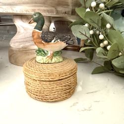 Vintage Mallard Duck Rope Trinket Box Bisque Finish Beachcombers International  Approx 3” diameter x 4.75” tall