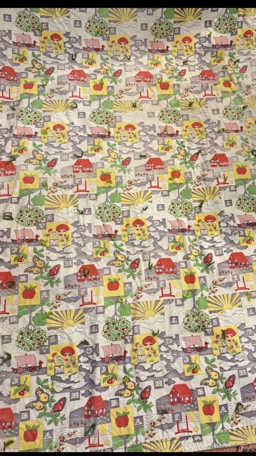 Vintage Handmade Mushroom Cottage Core Prairie Print Quilt Throw blanket 64 X 39