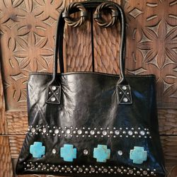 Country Road Sholder Bag Black Faux Leather W Turquoise Stone , rhinestone  Studded Accents 