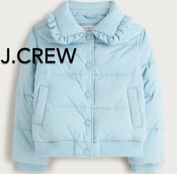 🌧(NEW) (3 SIZES AVAILABLE) GIRLS’ J.CREW BLUE RUFFLE-COLLAR PUFFER JACKET WITH PRIMALOFT®- SIZES: EXTRA SMALL (4-5), SMALL (6-7) AND MEDIUM (8-9)🌧