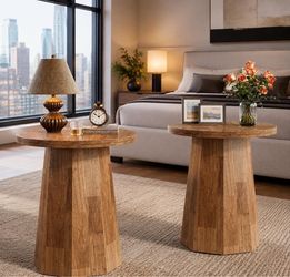Set Of 2 Wooden Round End Table with Octagonal Base, Rustic Brown.