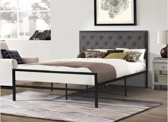 Metal Bed with Grey Fabric Upholstered Headboard