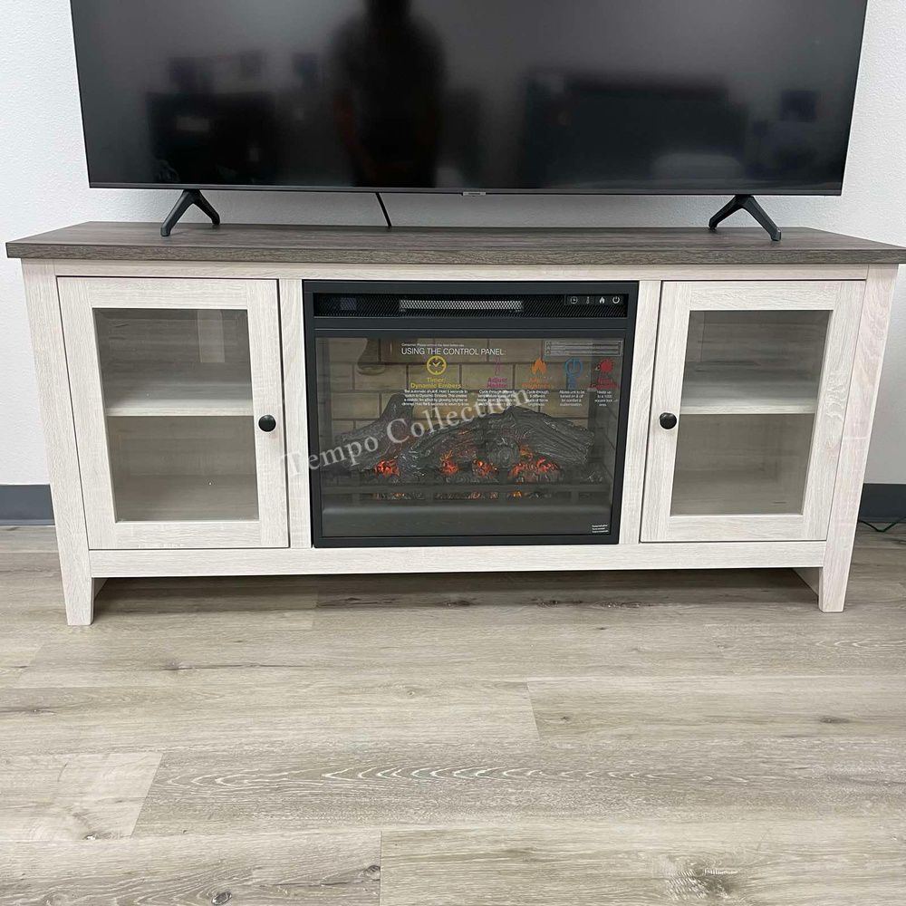 Large TV Stand with Electric Fireplace, Whitewash Color, SKU#10W287-68