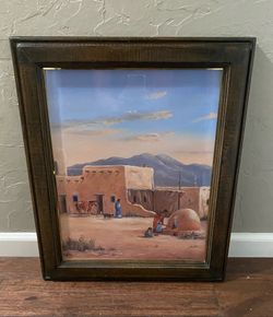 VINTAGE FRAMED WALL ART PRINT VILLAGE WOMEN & CHILDREN SOUTHWESTERN